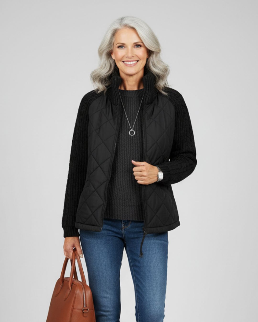 Quilted Knit-Sleeve Jacket