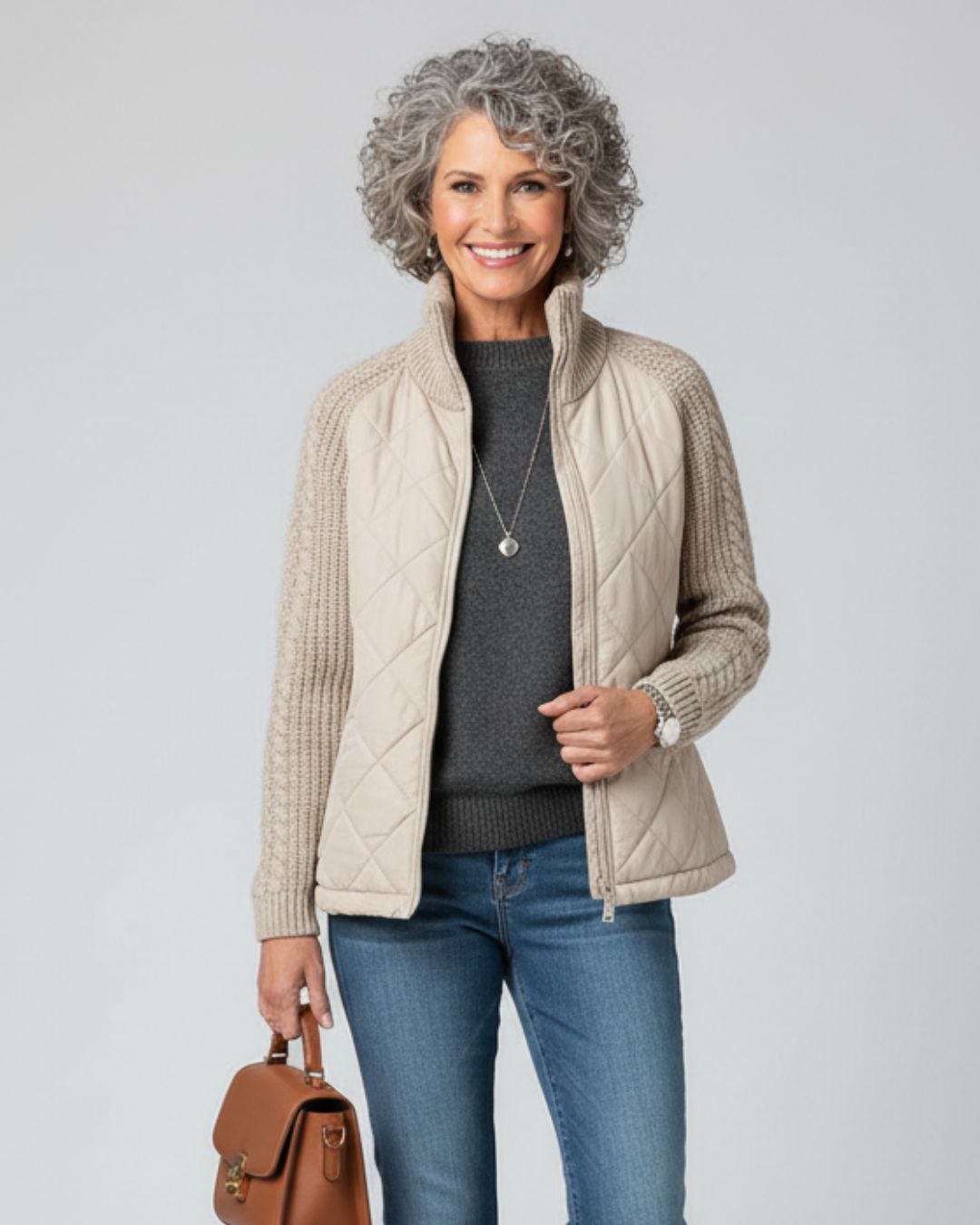 Quilted Knit-Sleeve Jacket